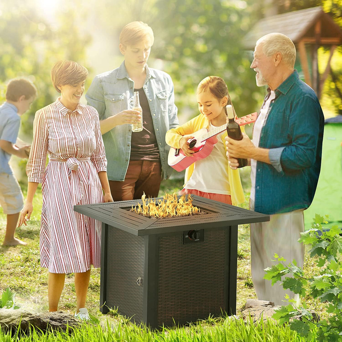 28 Inch Square Propane Fire Pit Table with Lid, Lava Stone, 50,000 BTU Auto-Ignition A807