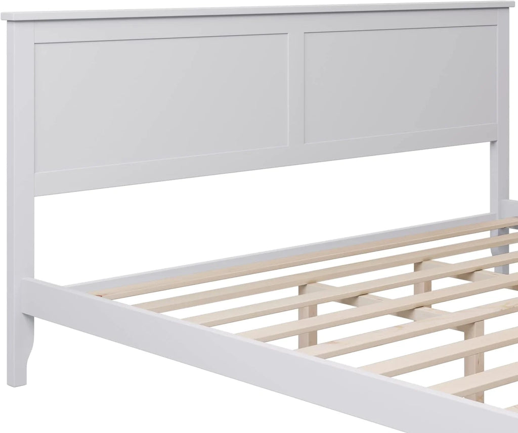 White Platform Bed with Headboard, Wood Bed Frame with Slat Support V304