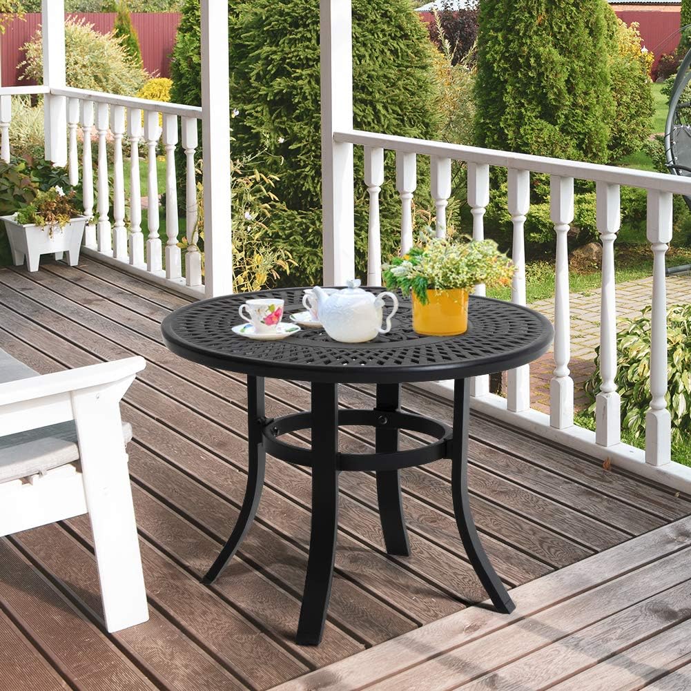 Cast Aluminum Round Side Table with Umbrella Hole, Black M24047