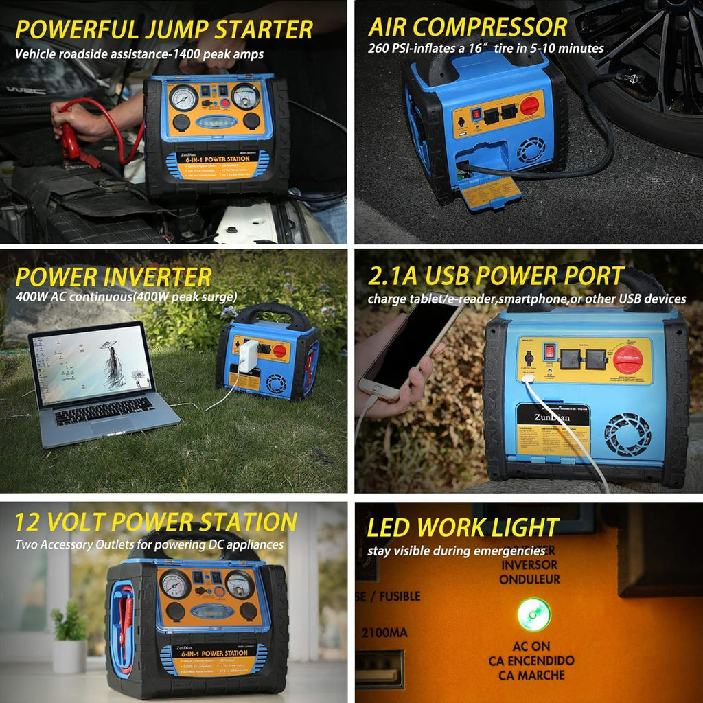 1400 Amp Battery Jump Starter with Air Compressor Car Tire Inflator, 110V 400W Power Inverter USB DC AC Outlet, 12V Emergency Auto Battery Booster Pack G206