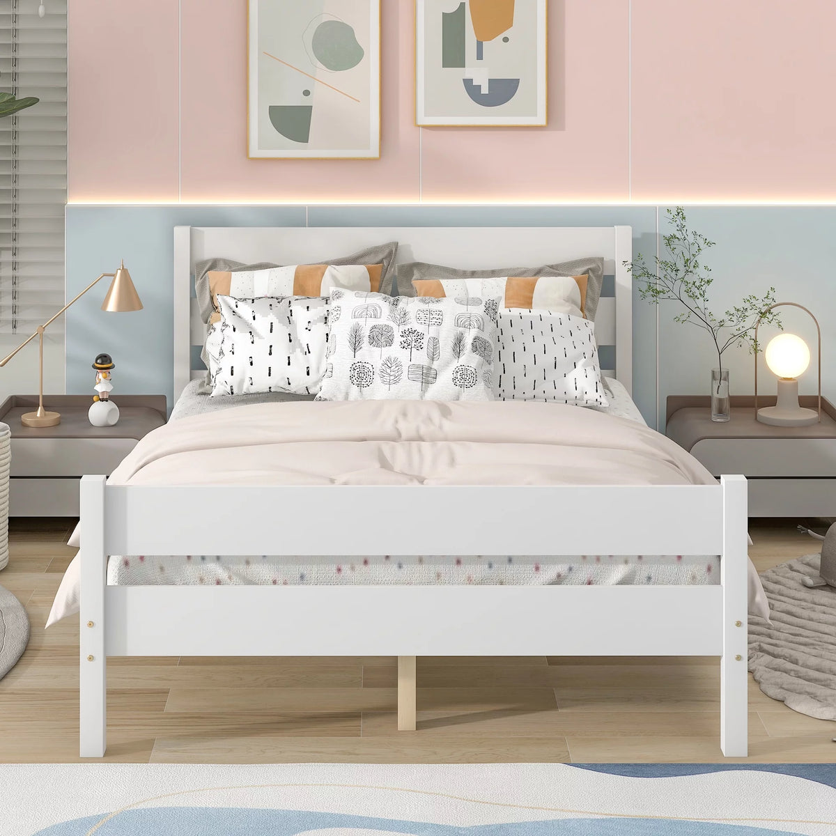 White Full Size Platform Bed Frame with Headboard and Footboard T14577