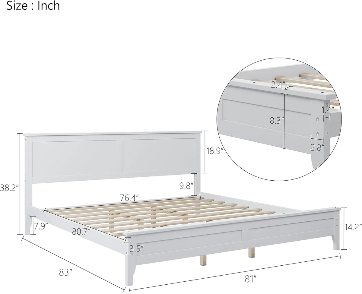 White Platform Bed with Headboard, Wood Bed Frame with Slat Support V304