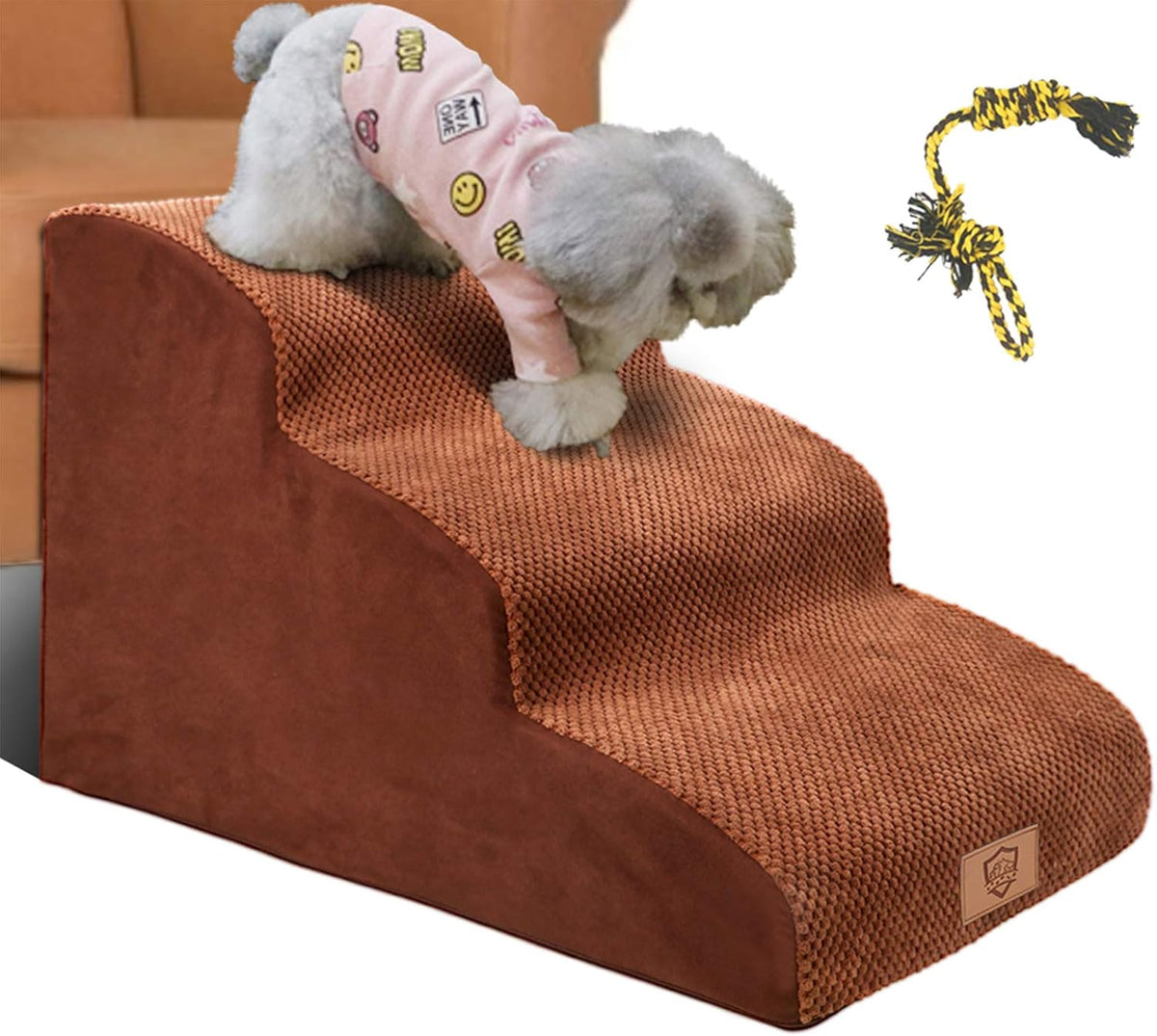 Brown 3 Tiers Foam Dog Steps with Rope Toy C982728