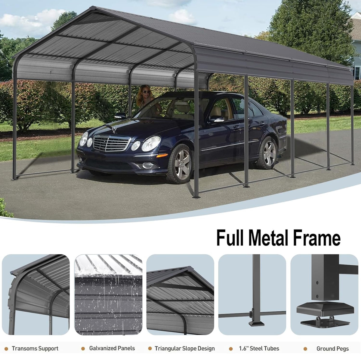 Gray Heavy Duty Metal Carport Canopy 10 x 20 ft B395