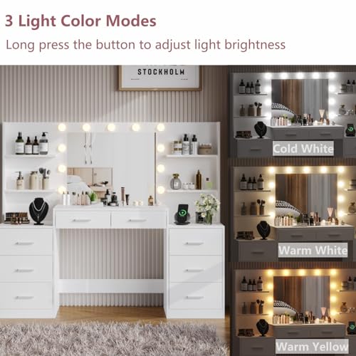White Vanity Desk with Mirror & Lights, 8 Drawers R99151