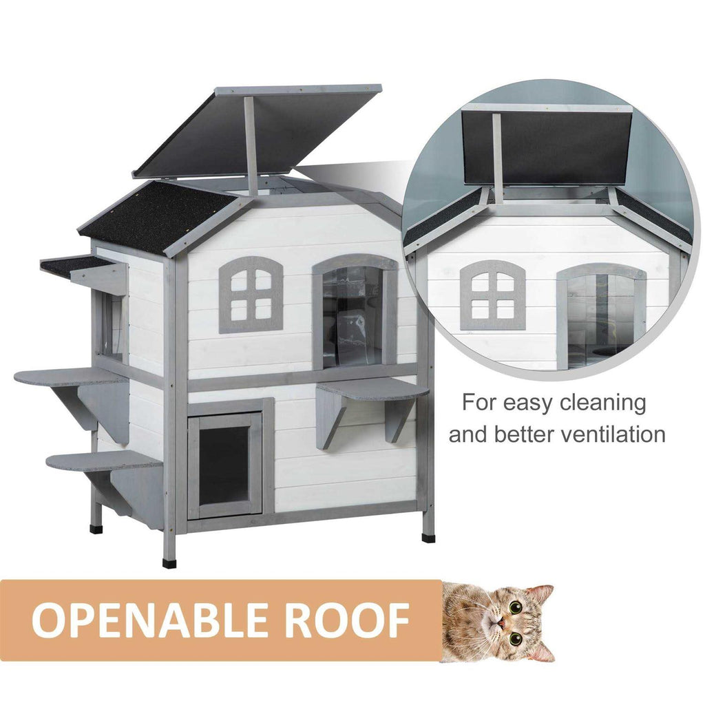 Wooden 2-Story Outdoor Cat House with Escape Door S9517