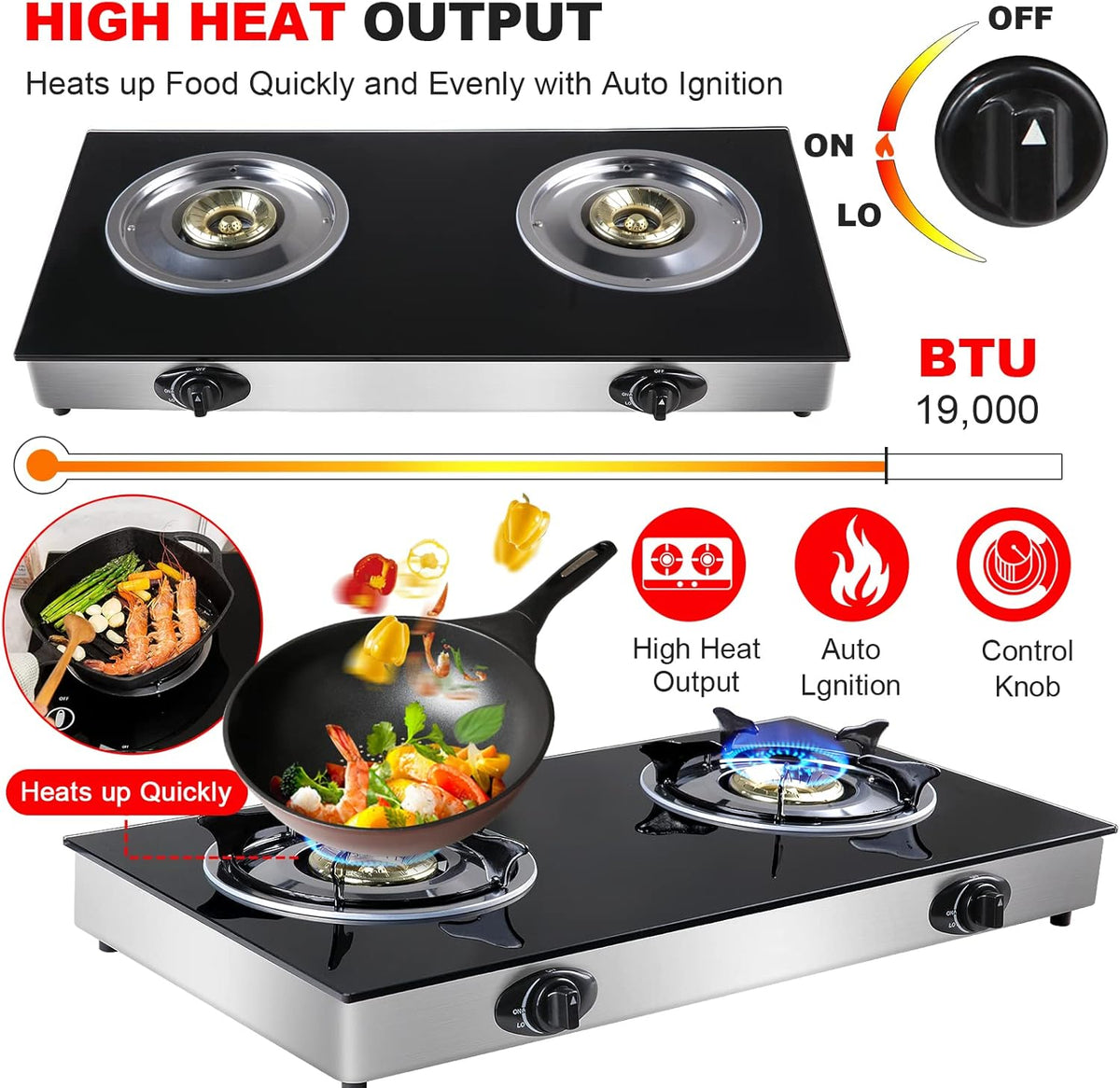 Propane Gas Cooktop 2 Burners Tempered Glass Auto Ignition Q37233