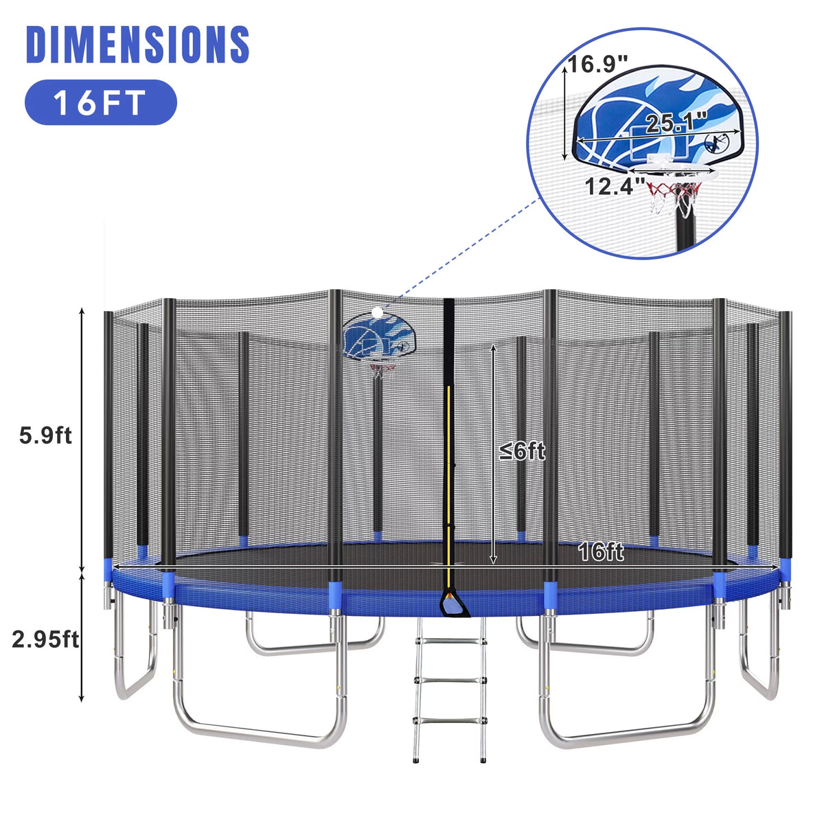 16FT Trampoline with Enclosure, Ladder, Basketball Hoop K508