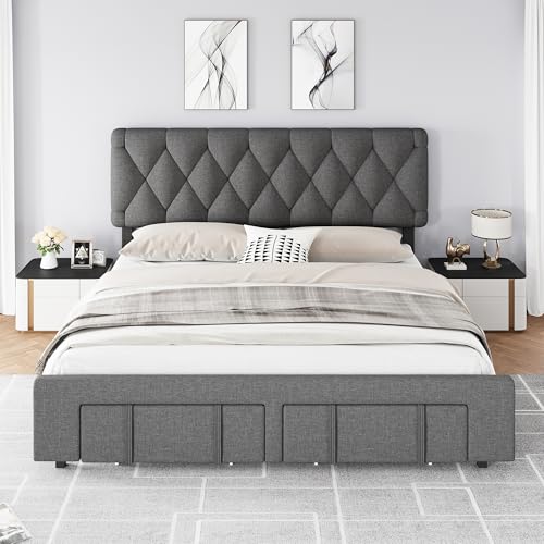 Queen Size Upholstered Platform Bed Frame with Storage Drawers L1826