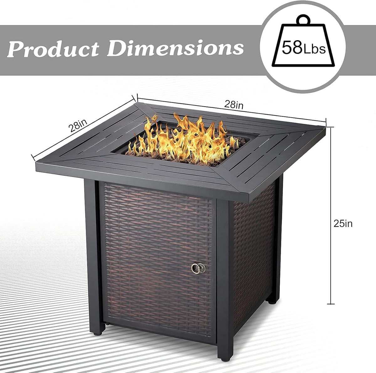 28 Inch Square Propane Fire Pit Table with Lid, Lava Stone, 50,000 BTU Auto-Ignition A807