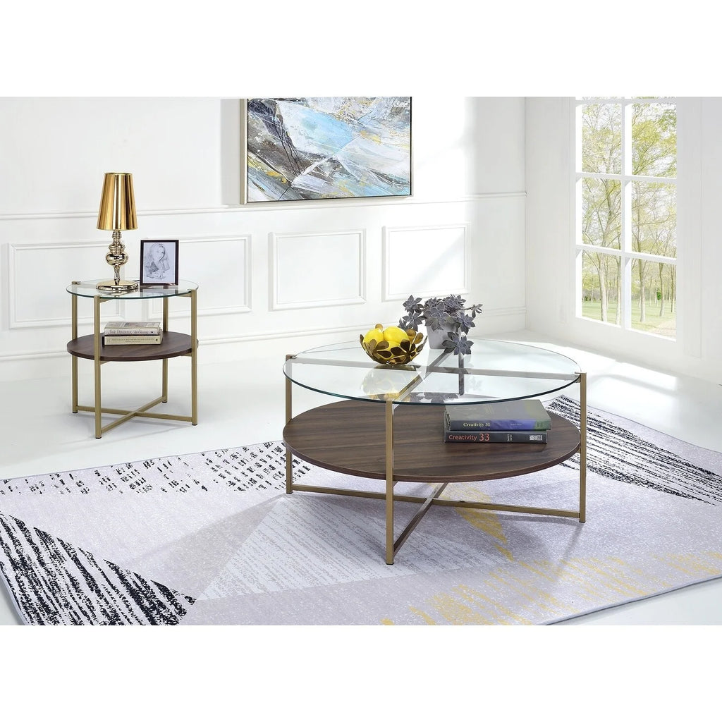 Round Wood and Metal End Table in Gold W622