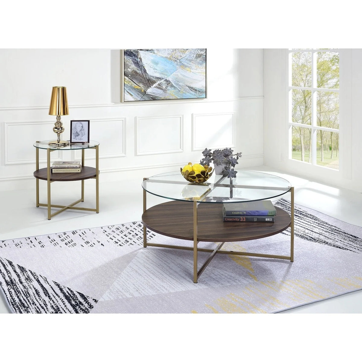 Round Wood and Metal End Table in Gold W622