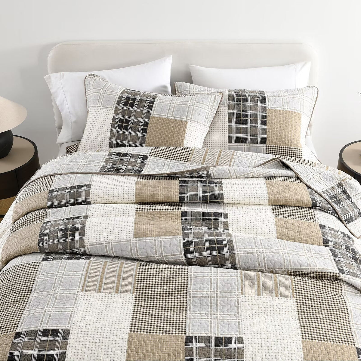 King Size 100% Cotton Beige Brown Patchwork Plaid Quilt Set 3-Piece K5475