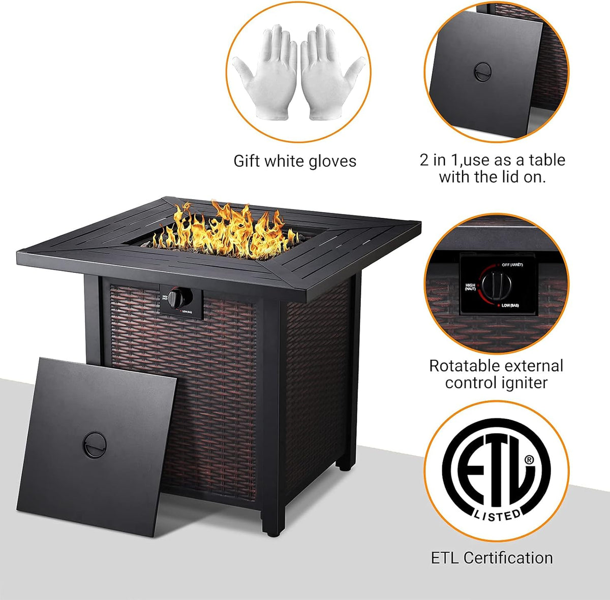 28 Inch Square Propane Fire Pit Table with Lid, Lava Stone, 50,000 BTU Auto-Ignition A807