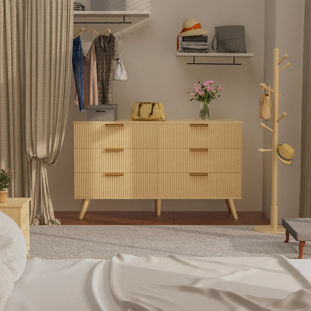 6 Drawer Natural Wood Flute Dresser M6957