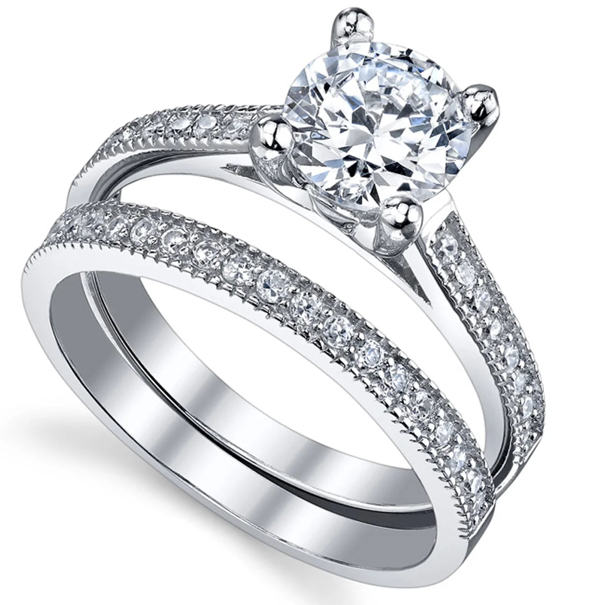 1.25 Ct Round Cubic Zirconia Sterling Silver Wedding Engagement Ring Set C8363