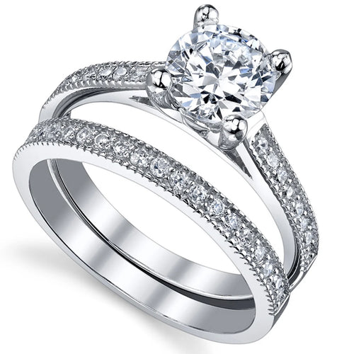 1.25 Ct Round Cubic Zirconia Sterling Silver Wedding Engagement Ring Set C8363