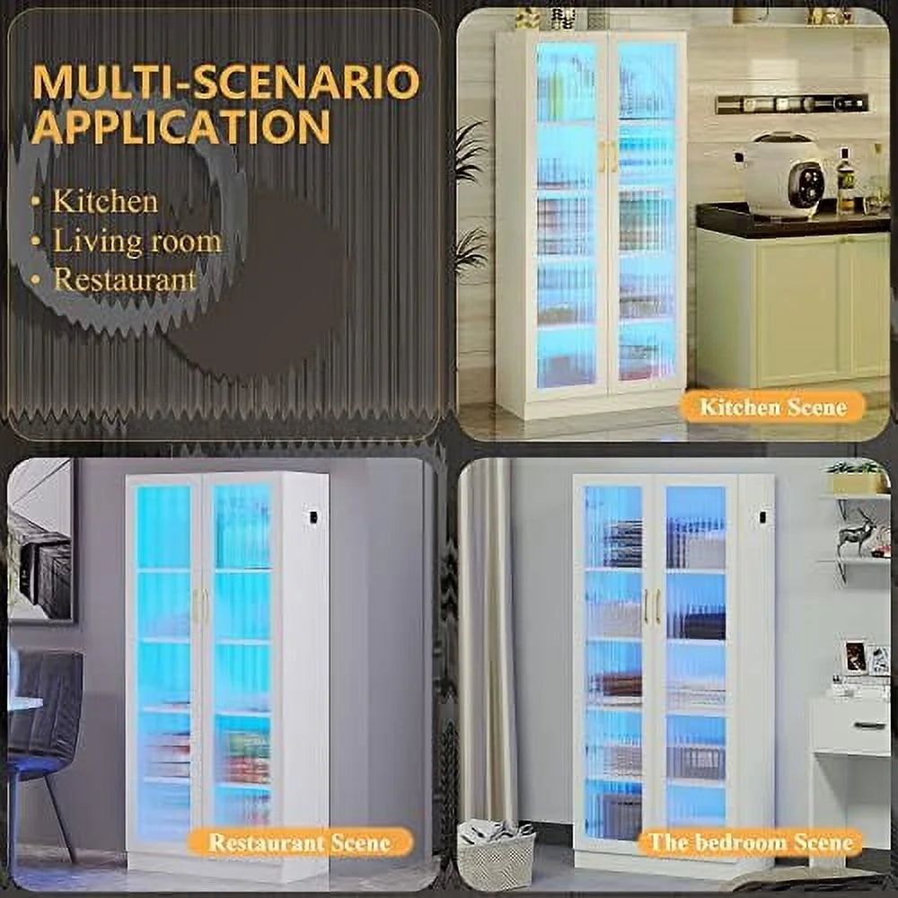 Tall Kitchen Pantry Cabinet with LED Light 5 Tier 2 Doors A71490