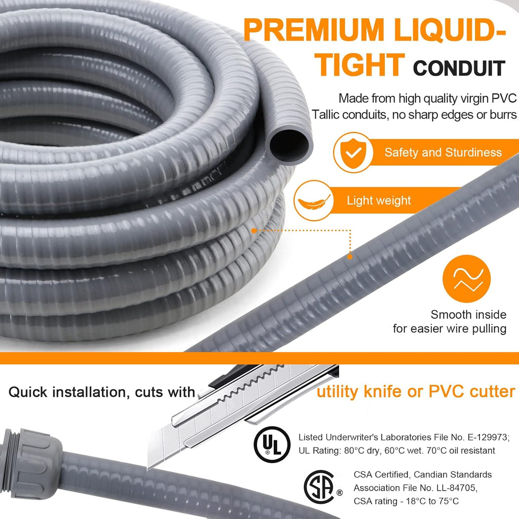 1 in. 50ft Flexible Non Metallic Liquid Tight Electrical Conduit Kit with 5 Straight and 3 Angle Fittings F46571