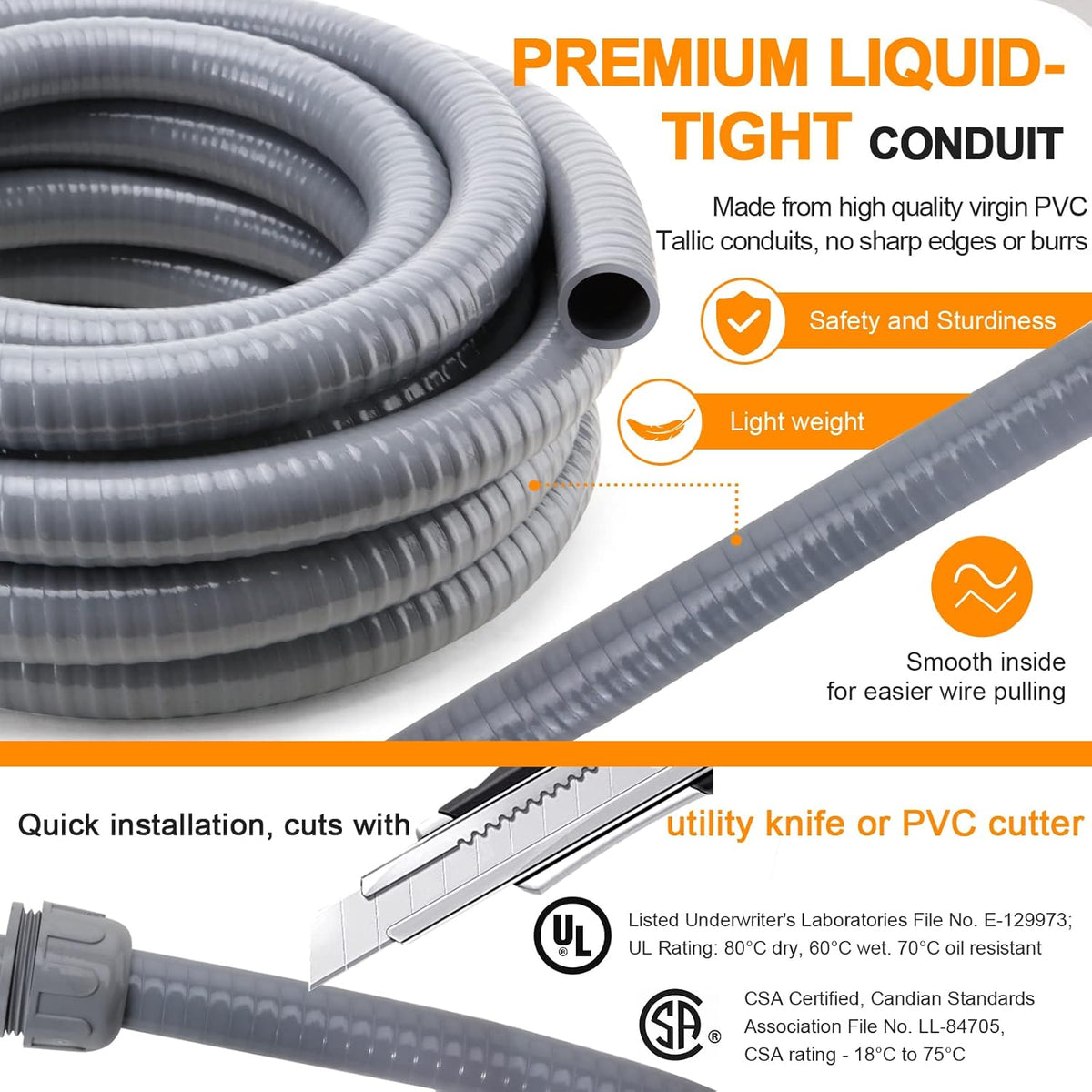 1 in. 50ft Flexible Non Metallic Liquid Tight Electrical Conduit Kit with 5 Straight and 3 Angle Fittings F46571