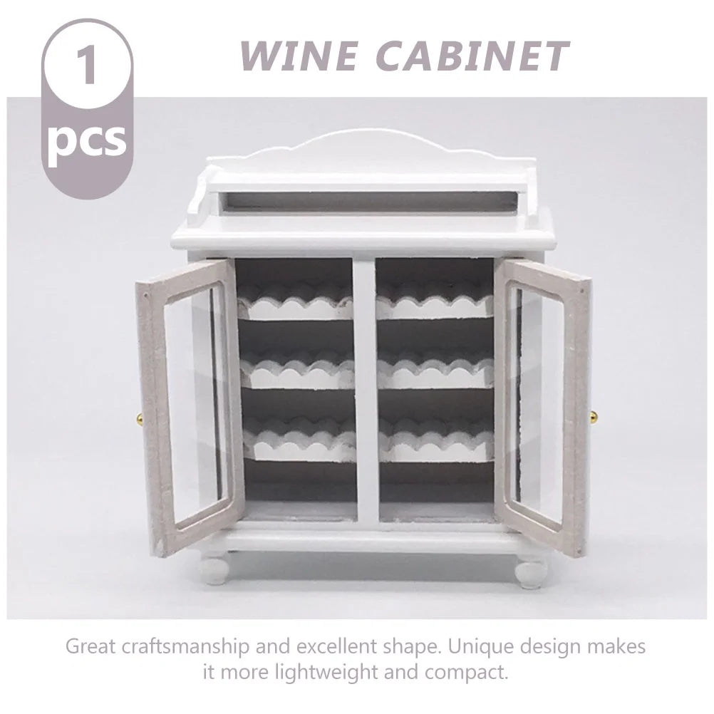 Miniature Wine Cabinet Kids Pretend Play Toy Doll House Decoration Walnut White Wood Q30818
