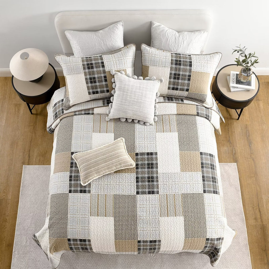 King Size 100% Cotton Beige Brown Patchwork Plaid Quilt Set 3-Piece K5475