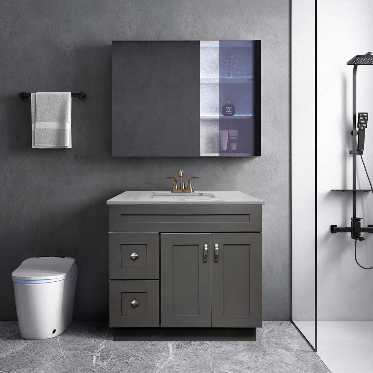 Gray Shaker Bathroom Vanity Sink Base with Drawers 36 in Cabinet M810