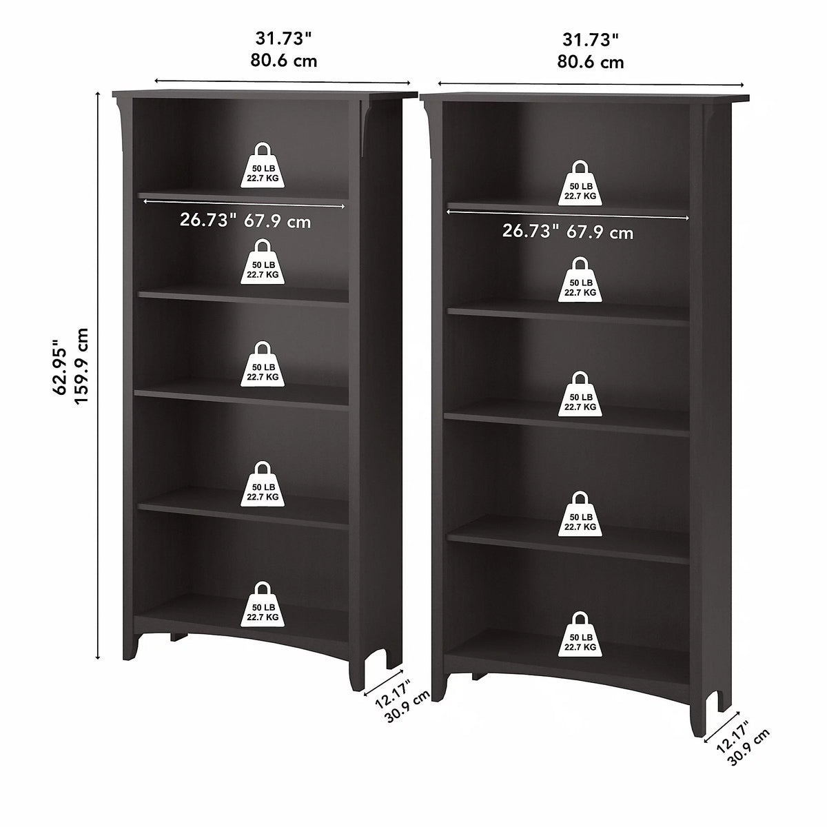 Vintage Black 5 Shelf Bookcase, Set of 2 D69340