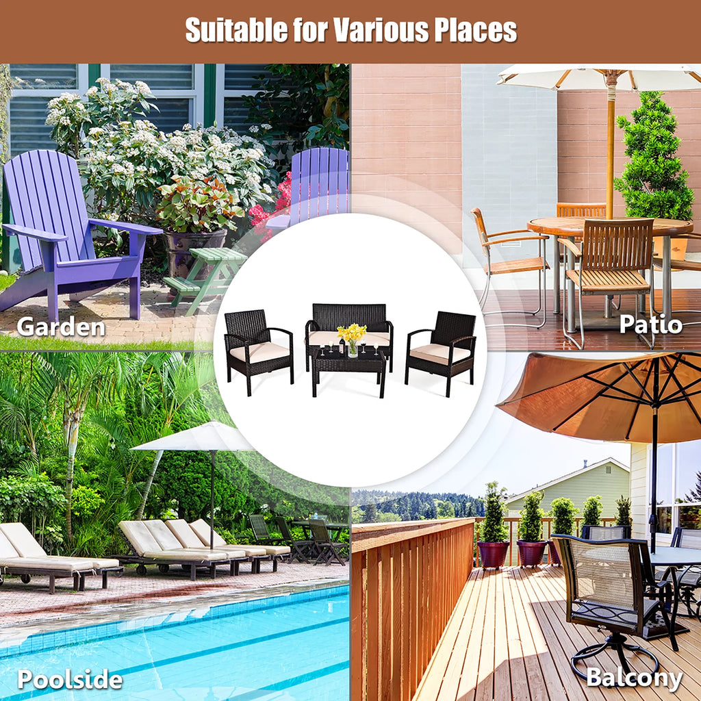 4 Pc Cushioned Patio Rattan Conversation Furniture Set E9294