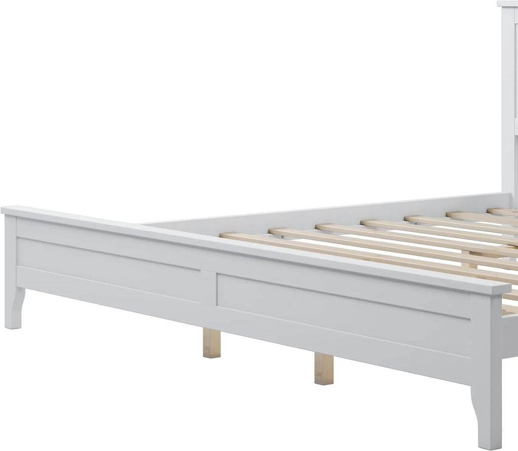 White Platform Bed with Headboard, Wood Bed Frame with Slat Support V304