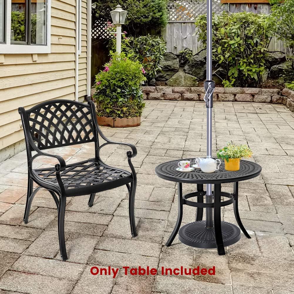 Cast Aluminum Round Side Table with Umbrella Hole, Black M24047