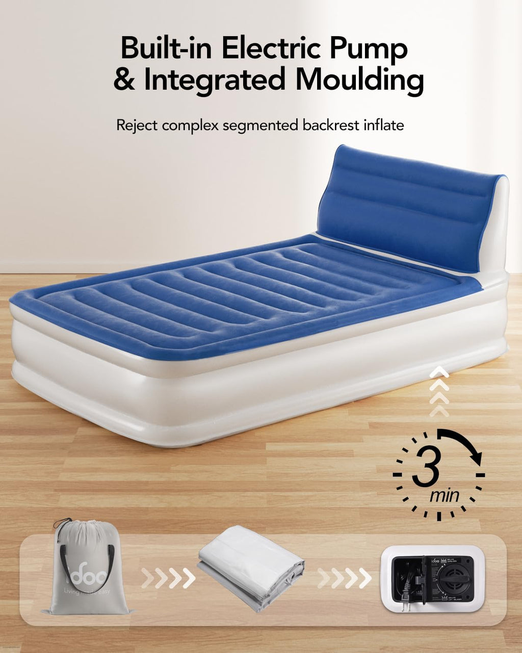 15" Blue Full Size Air Mattress with Built in Pump B355577