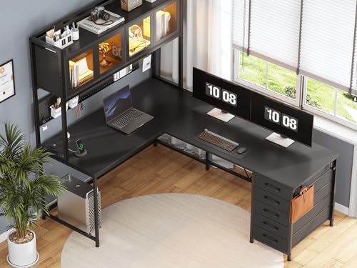 Rustic Brown L Shaped Gaming Desk with Drawers, Hutch, Storage Shelves, Pegboard, Led Lights, and Power Outlet S8283
