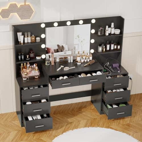 White Vanity Desk with Mirror & Lights, 8 Drawers R99151