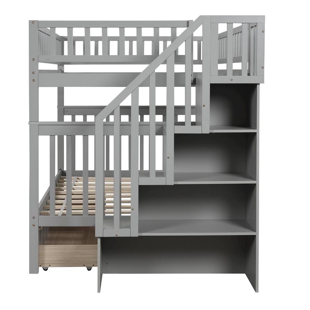 Full Over Full Bunk Bed with Storage Shelves and 2 Under Storage Drawers R9657