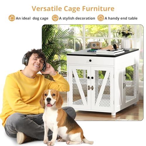 White Wooden Dog Crate End Table with Storage Drawer A110