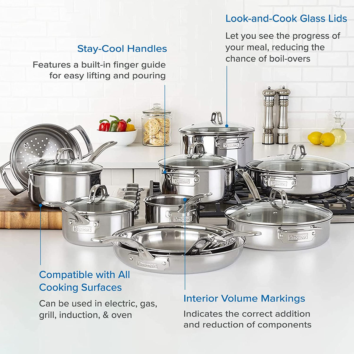 17pc Stainless Steel Cookware Set with Glass Lids Y385991