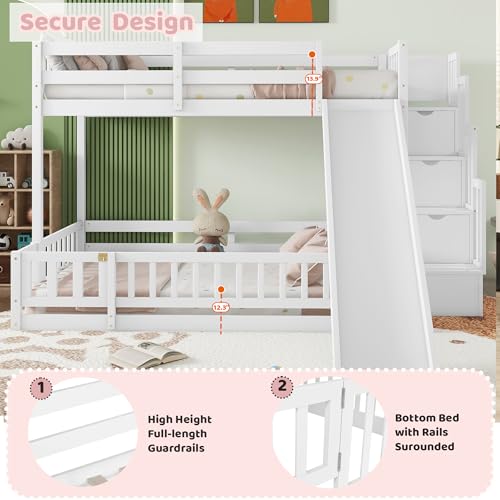 White Twin Over Full Bunk Bed with Slide and Stairs Q712
