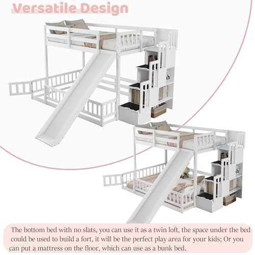 White Twin Over Full Bunk Bed with Slide and Stairs Q712
