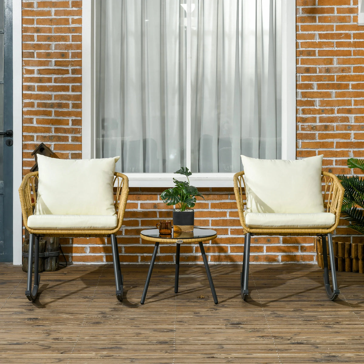 White 3 Piece Patio Rocking Chair Set with Cushions and Glass Top Z141