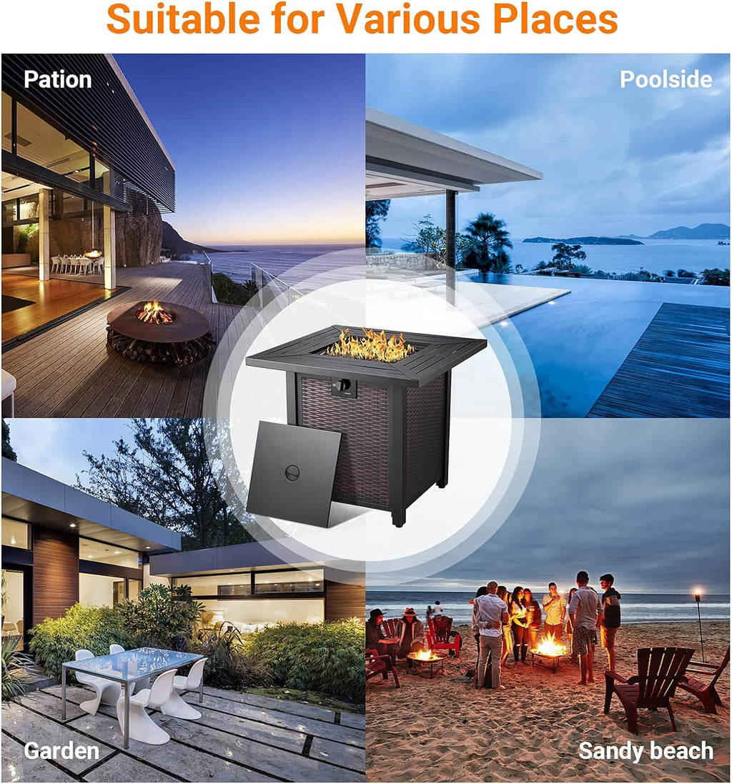 28 Inch Square Propane Fire Pit Table with Lid, Lava Stone, 50,000 BTU Auto-Ignition A807