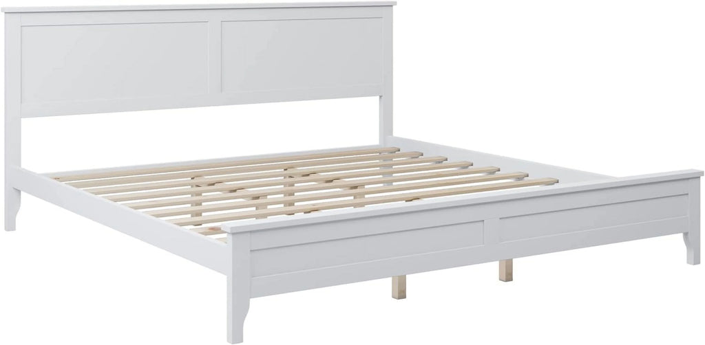 White Platform Bed with Headboard, Wood Bed Frame with Slat Support V304