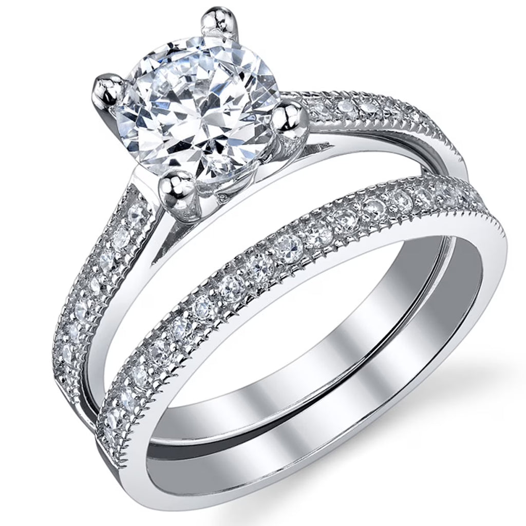 1.25 Ct Round Cubic Zirconia Sterling Silver Wedding Engagement Ring Set C8363