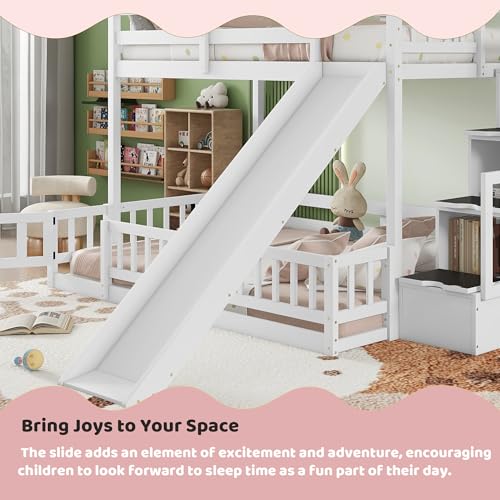 White Twin Over Full Bunk Bed with Slide and Stairs Q712