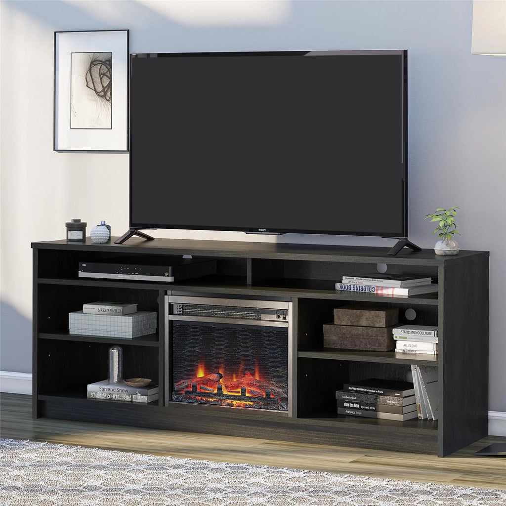 Black Oak TV Stand with Electric Fireplace Insert and 6 Shelves R45900