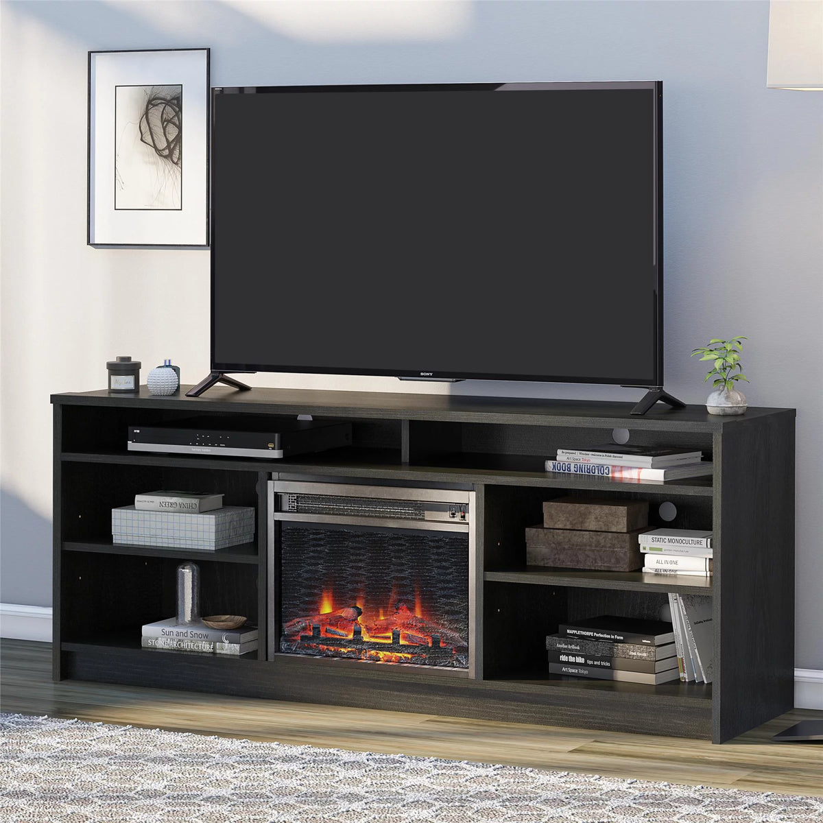 Black Oak TV Stand with Electric Fireplace Insert and 6 Shelves R45900