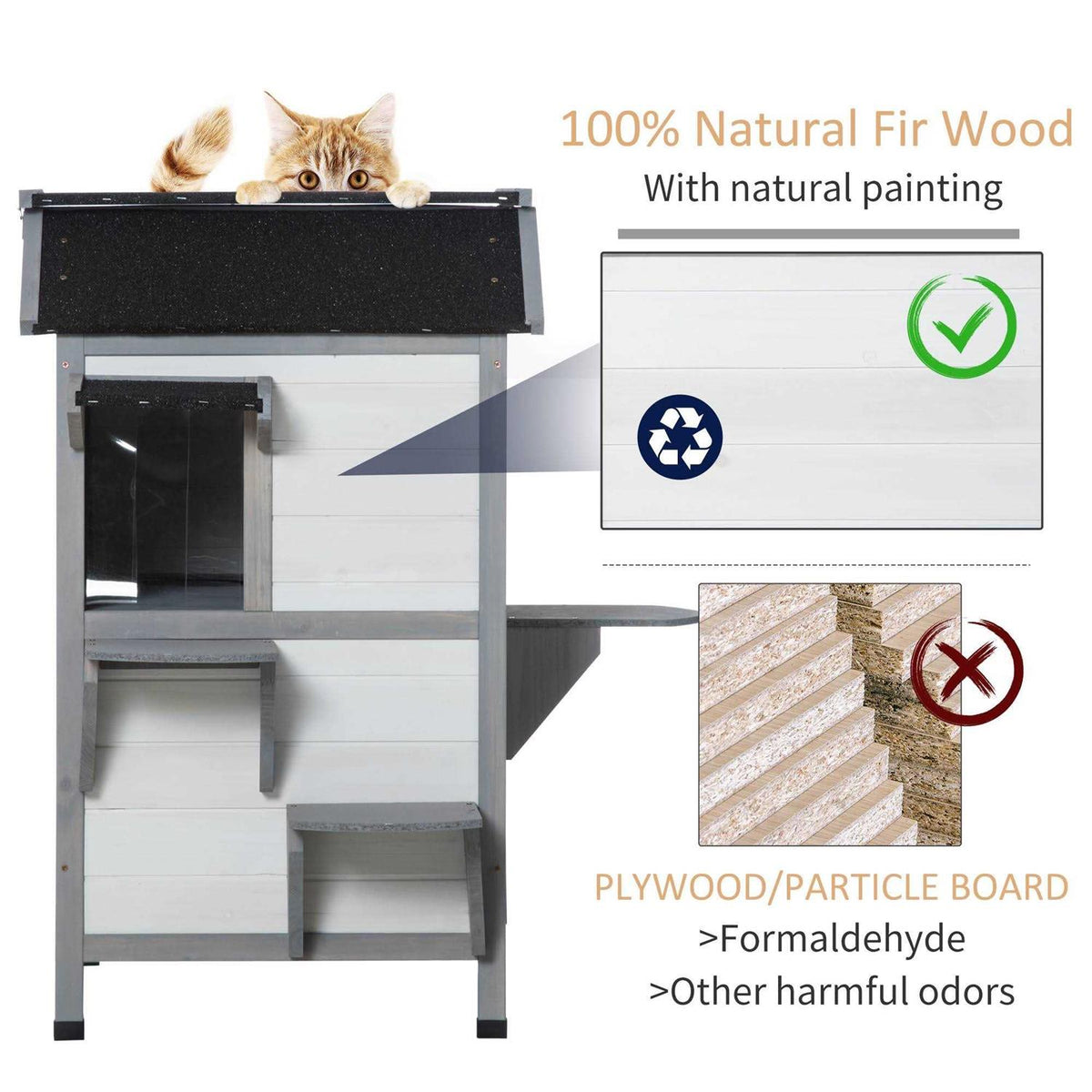 Wooden 2-Story Outdoor Cat House with Escape Door S9517