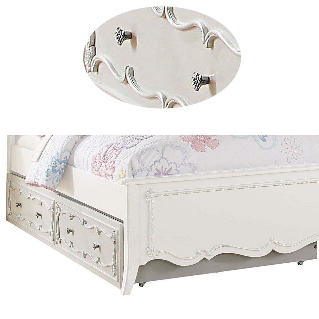 White Twin Size Wooden Trundle with Round Knobs and Caster Wheels N259994
