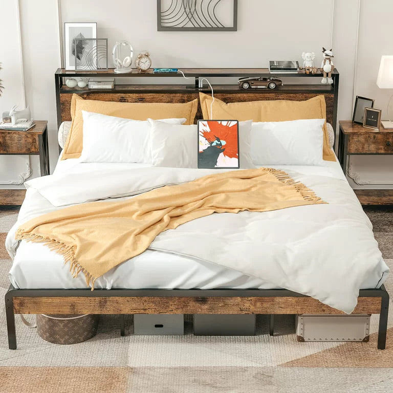 King Bed Frame with Storage Headboard and Charging Station J751