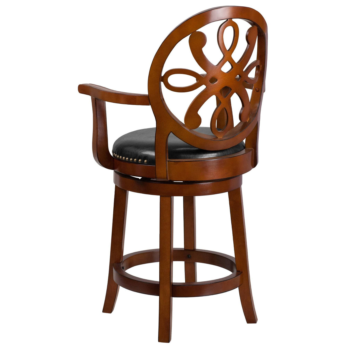 26" High Wood Counter Height Stool with Arms and Black Leather Swivel Seat P765
